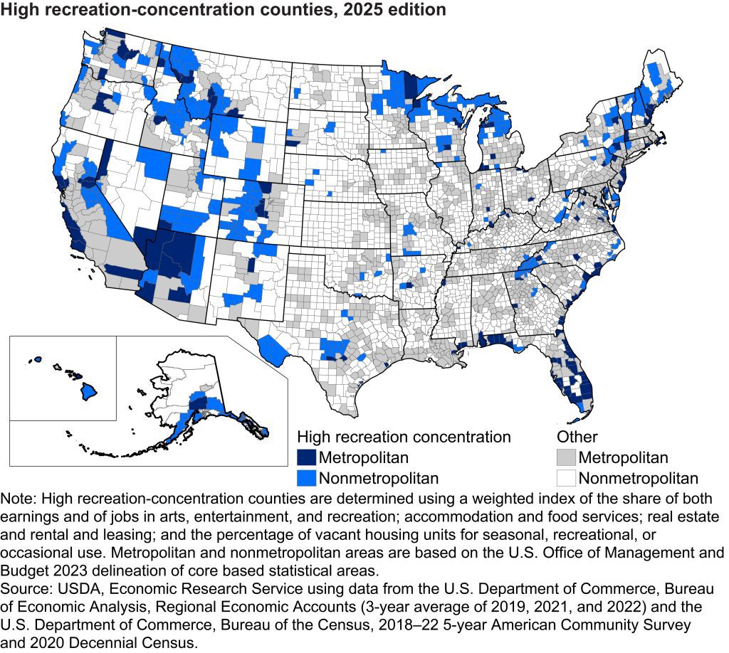 USDA ERS High recreation-concentration counties 2025 map with legend