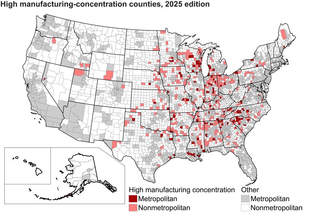 High manufacturing-concentration counties (469 total, 348 nonmetro)