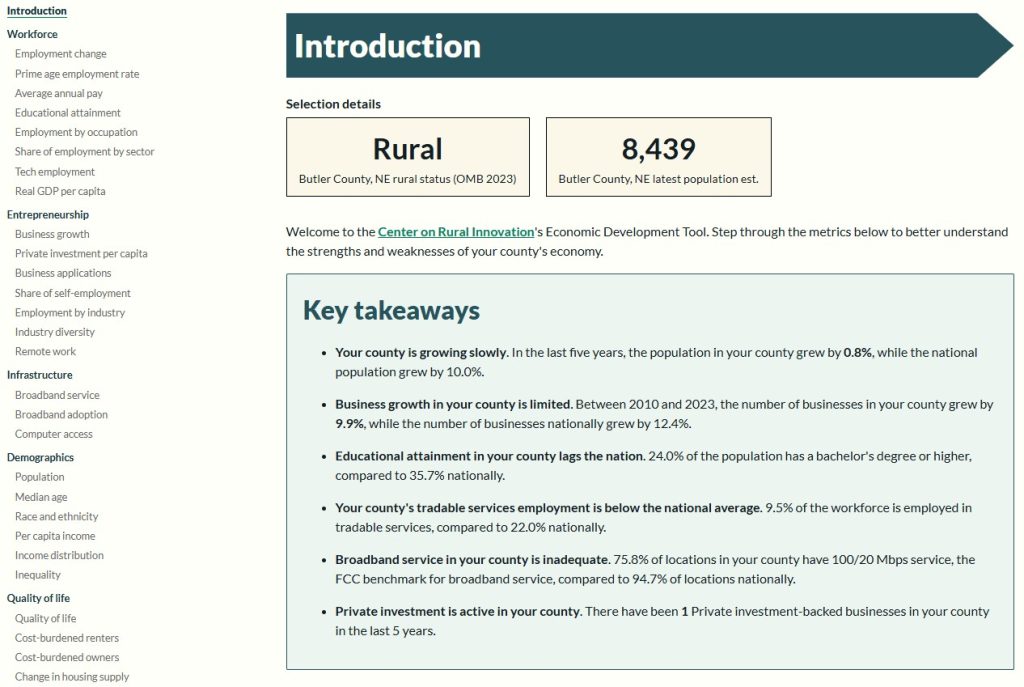 CORI Butler County, Nebraska, economic development indicators