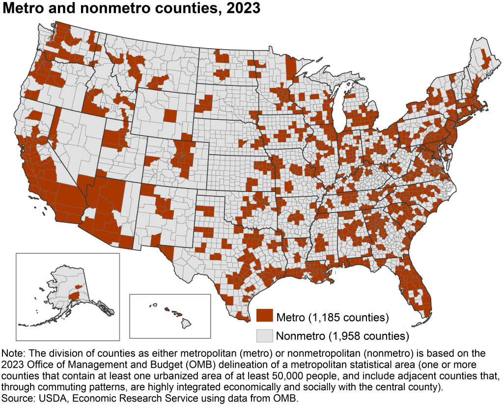 USDA ERS map of metro and nonmetro counties in the US, 2023