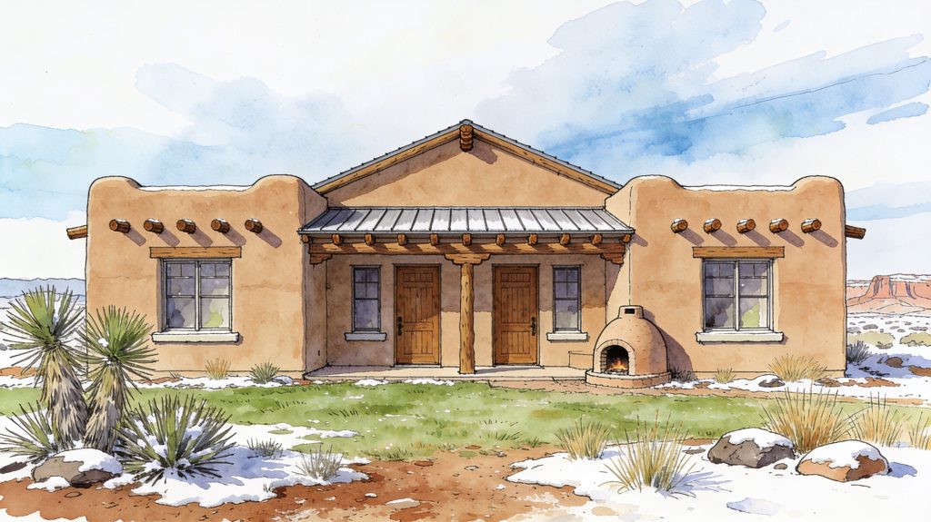 New build adobe-style duplex, typical of the Southwest.