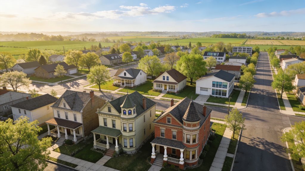 Oblique-view image of small town neighborhood