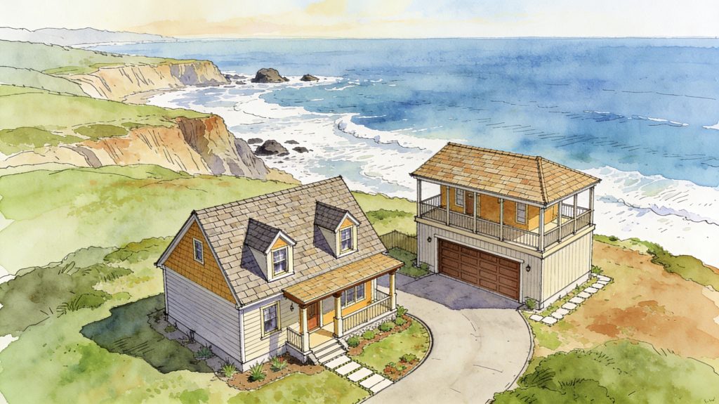 Typical single family home and carriage house ADU on the Pacific Coast