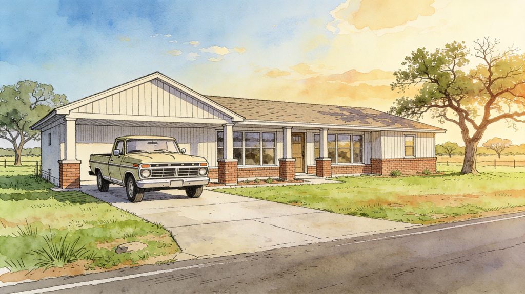 Ranch-style single family home, typical of Texas or just about anywhere, USA.