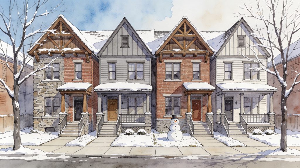 New build townhomes in a typical mountain town during the winter.