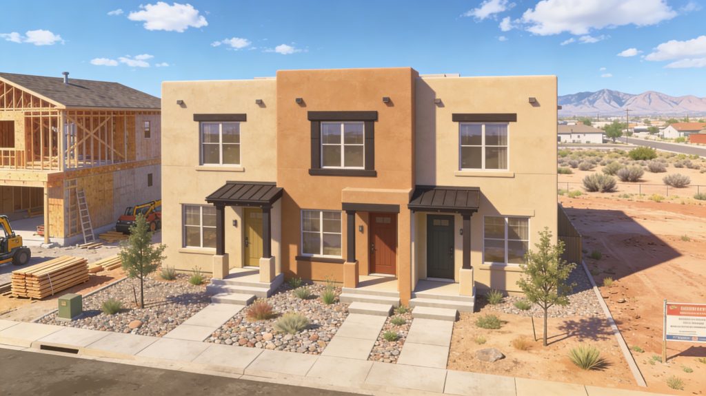 Image of a typical new-build triplex in the Southwestern US