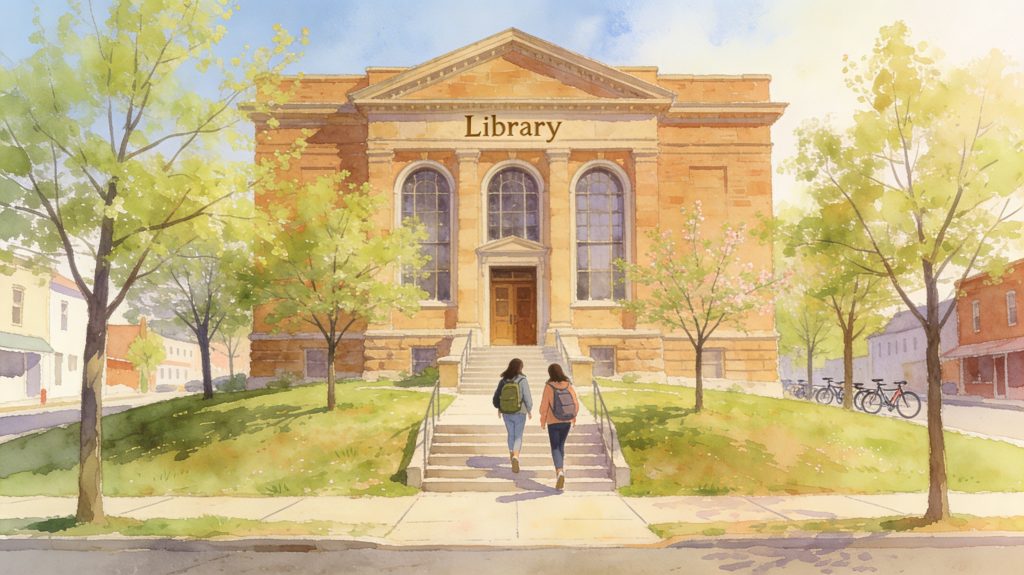 Image of a classic Carnegie Library, an indicator of a good local quality of life.