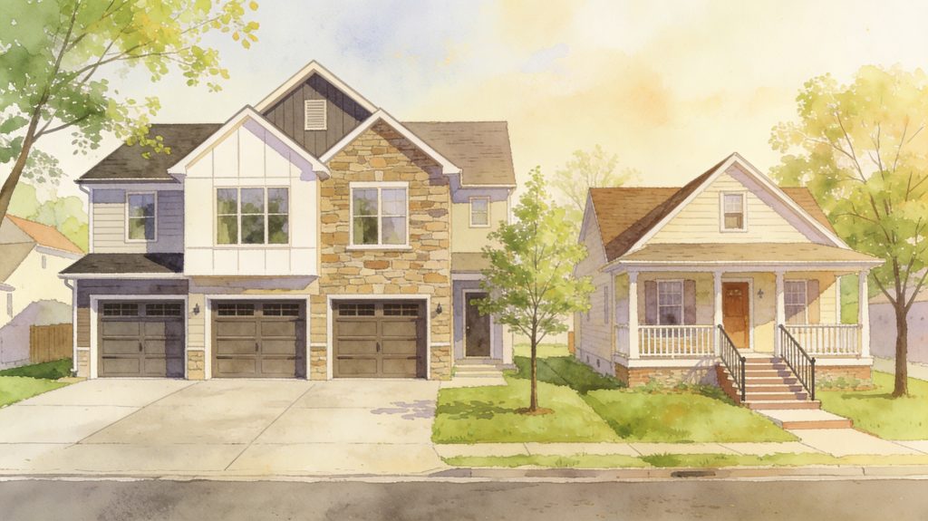 Image of a traditional home and a newer garage with a house attached.