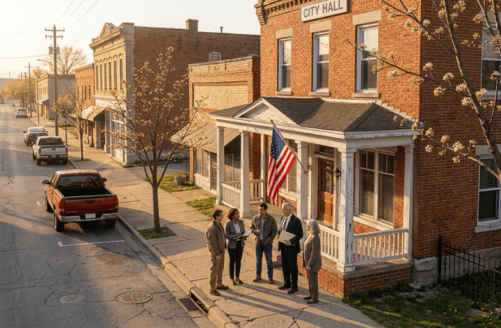 Image of group of people talking outside town hall.