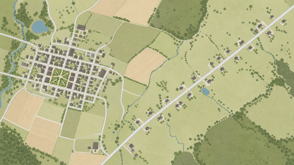 Image of a village center contrasted with rural sprawl