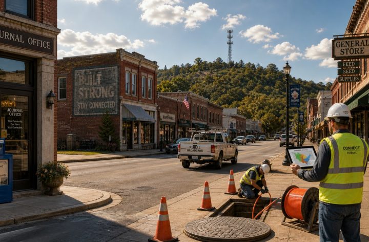 Image of small town main street with communications infrastructure--newspaper, fixed and wireless broadband--downtown