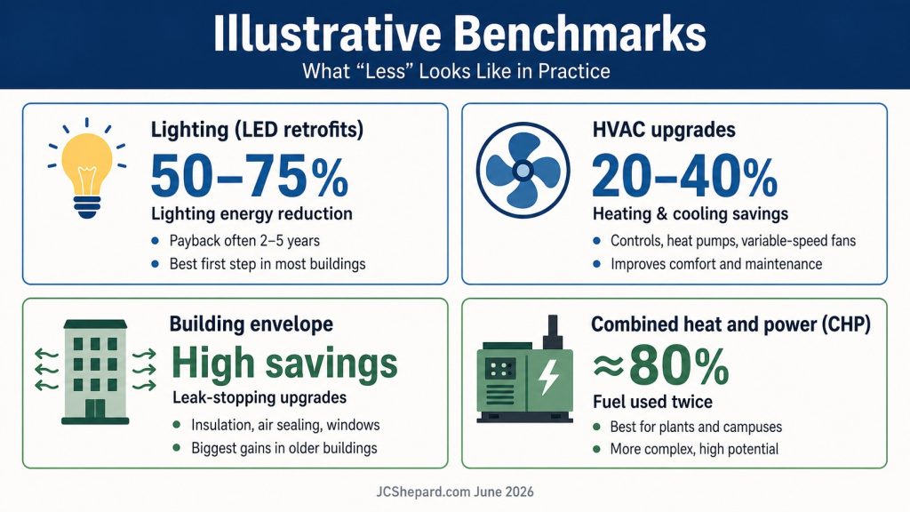 Infographic titled ‘Illustrative Benchmarks: What “Less” Looks Like in Practice’. Panels illustrating Lighting (LED retrofits), Building envelope savings, HVAC upgrades, and Combined heat and power conservation.