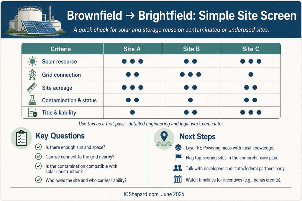 Infographic titled ‘Brownfield → Brightfield: Simple Site Screen’ showing a small industrial‑plus‑solar icon, a table that scores three candidate sites on solar resource, grid connection, acreage, contamination, and title/liability using dot symbols, and two columns summarizing key screening questions and next steps for local planners.