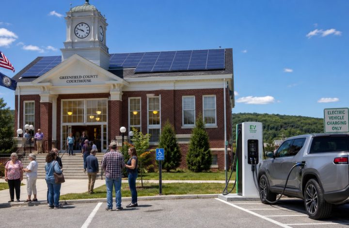 A rural county courthouse at noon with rooftop solar panels, an EV charging station with a pickup truck plugged in, and warm LED lighting through large windows—illustrating local government, conservation, energy efficiency and electrification in rural communities.