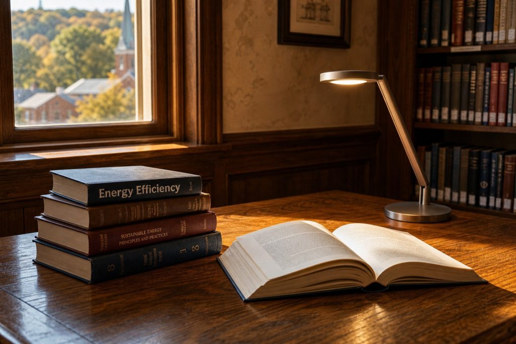 Image of a wooden library table in front of a sunlit window.