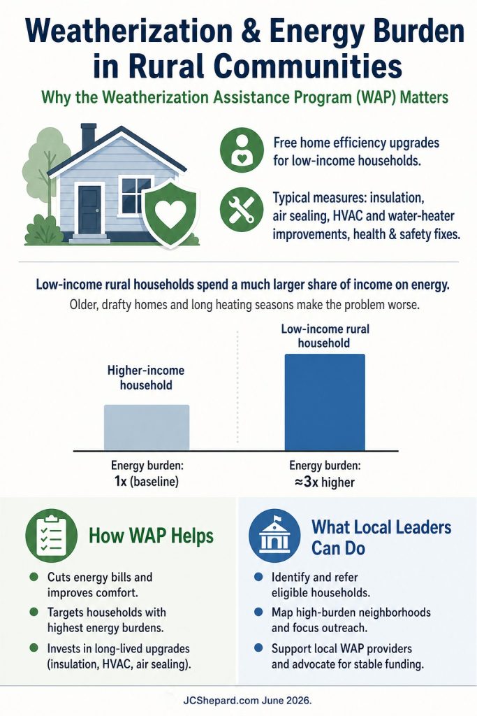 Infographic titled ‘Weatherization & Energy Burden in Rural Communities’ explaining why the Weatherization Assistance Program (WAP) matters, comparing higher‑income and low‑income rural household energy burdens with two bars, and listing how WAP helps and actions local leaders can take, on a light blue‑green themed background.