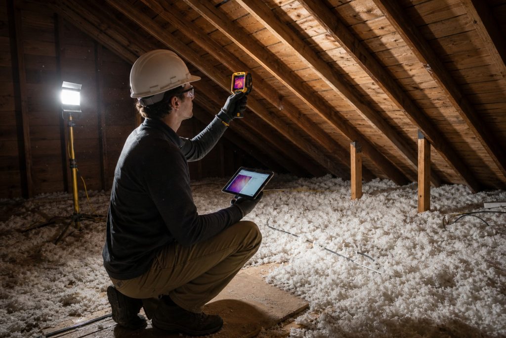 An energy auditor with a thermal imaging camera inspects insulation in the attic of a rural countycourthouse—representing the first step in local government energy efficiency: understandingwhere energy is being lost.