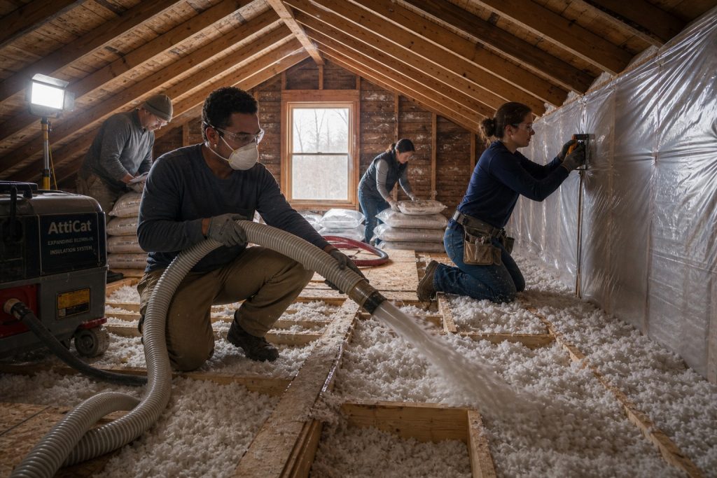 A weatherization crew installs blown-in insulation in the attic of a modest rural farmhouse—representing the Weatherization Assistance Program's work to reduce energy burden in low-income rural households.