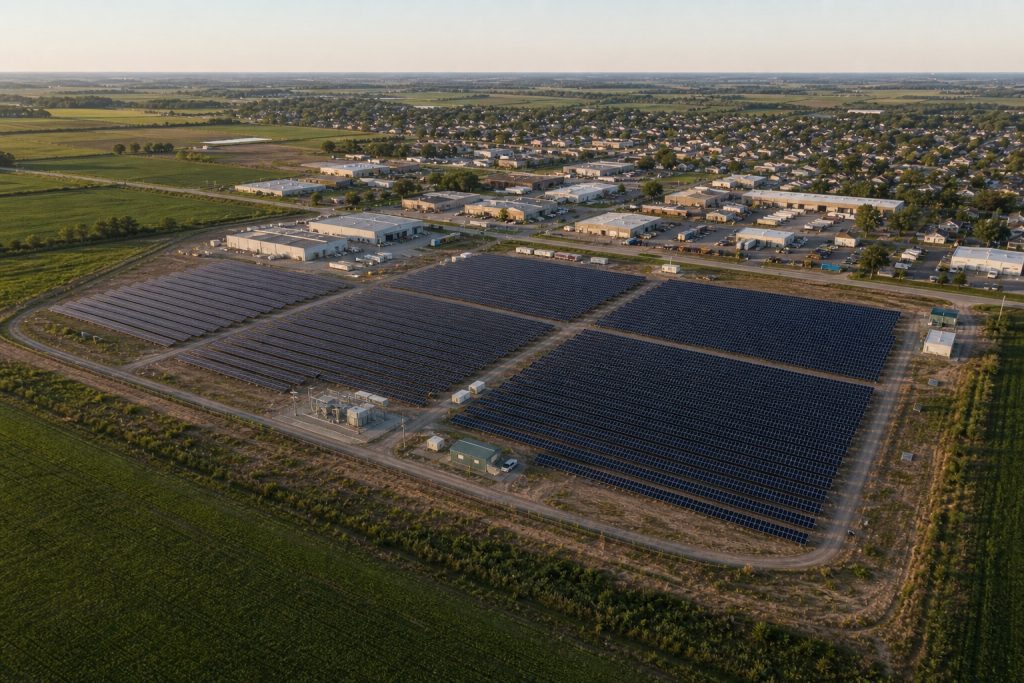 An aerial view of a utility-scale solar array on a former rural industrial brownfield site, with surrounding farmland and a small town visible—illustrating the brownfield-to-solar concept that turns environmental liabilities into community energy assets.