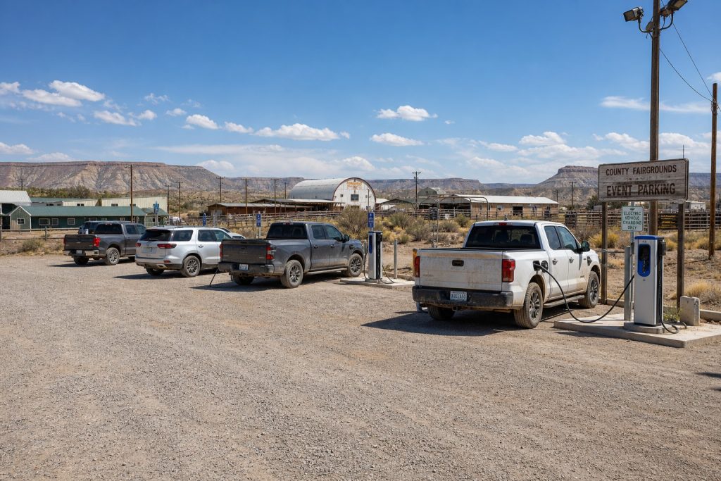 Four EV charging stations at a rural county fairgrounds parking lot, with pickup trucks and SUVs plugged in and fairground buildings in the background—illustrating community public charging infrastructure as a key strategy for rural EV adoption.