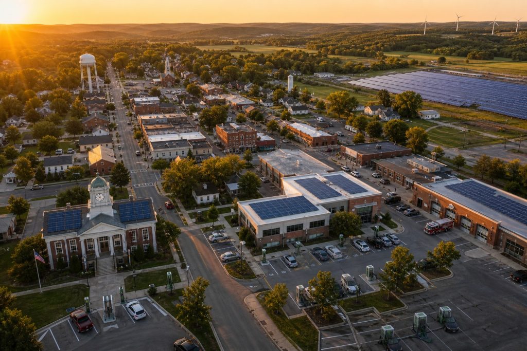 An aerial view of a small rural town showing rooftop solar on municipal buildings, EV chargers in parking areas, and a brownfield solar installation at the edge of town—illustrating a comprehensive rural energy efficiency landscape.