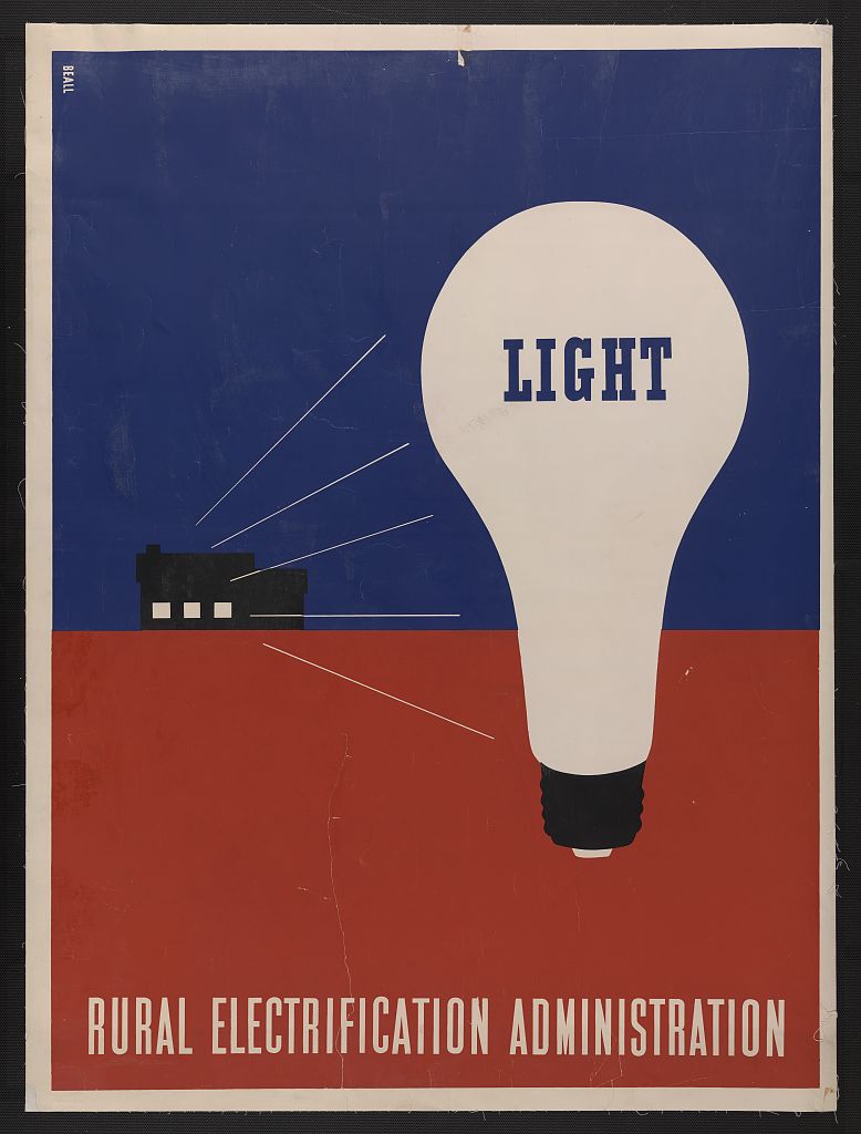 Rural electrification administration / Beall. Abstract/medium: 1 print (poster) : color ; 101 x 76 cm.Beall, Lester, 1903-1969, artist https://commons.wikimedia.org/wiki/File:Light_-_Rural_electrification_administration_-_Beall._LCCN2010646236.jpg