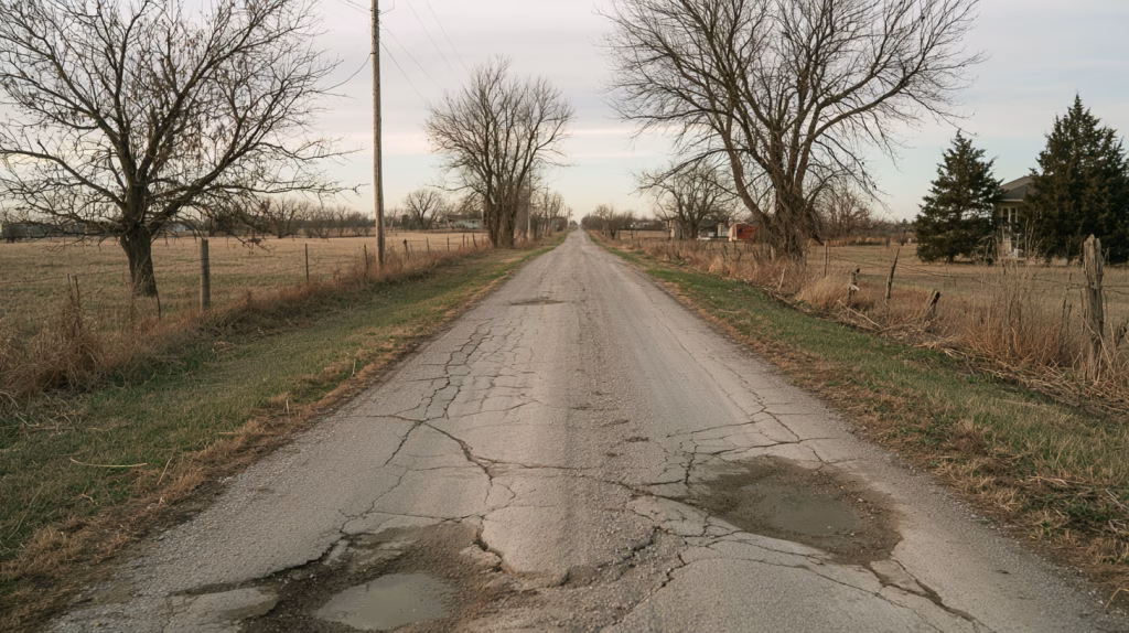 Cracked county gravel road with ruts and potholes serving a rural residential subdivision — infrastructure costs scattered development rural county