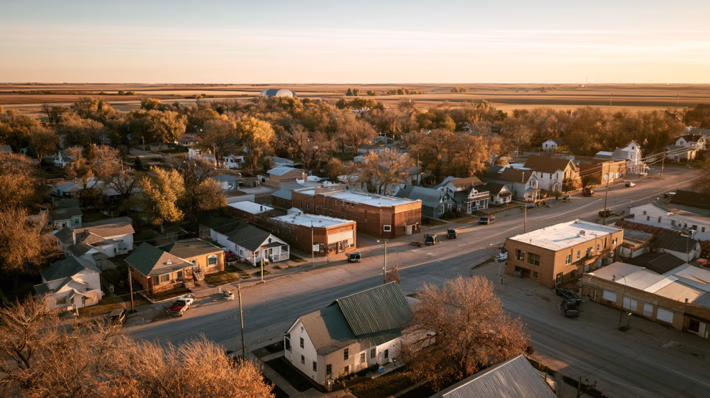 Aerial view of small Nebraska town with clear boundary between residential core and surrounding farmland — growth boundary town-centered development