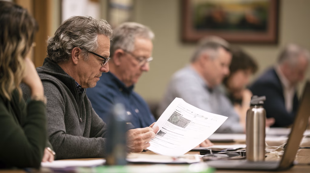 County commissioner reviewing a development proposal at a rural courthouse conference table — fiscal impact analysis rural planning