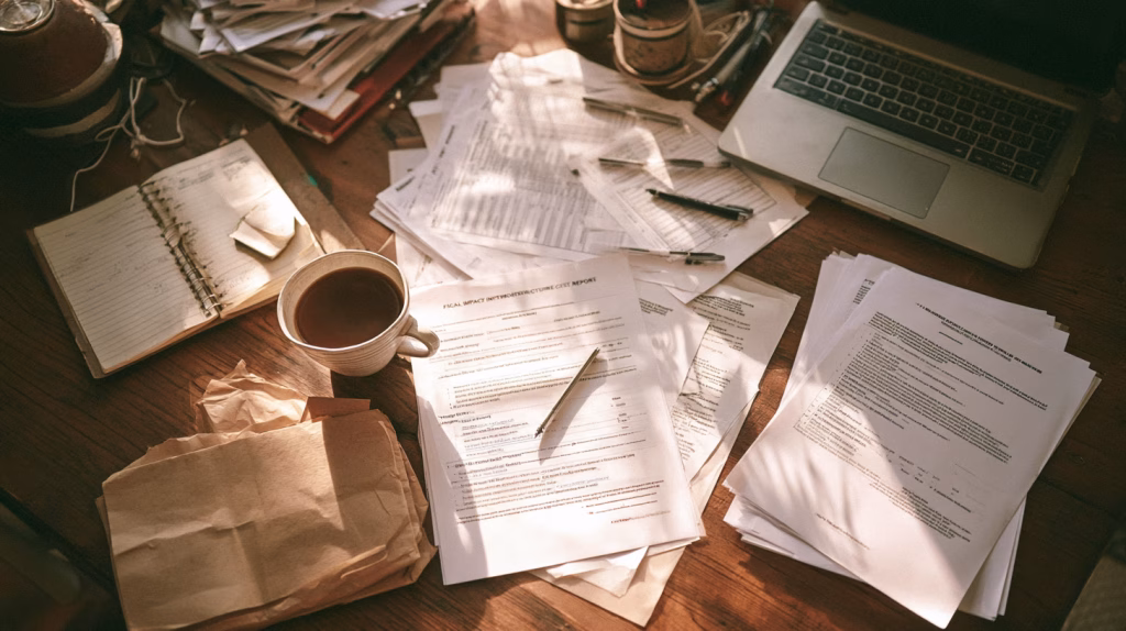 Fiscal impact analysis documents and infrastructure cost reports on a wooden desk — cost of sprawl rural planning resources