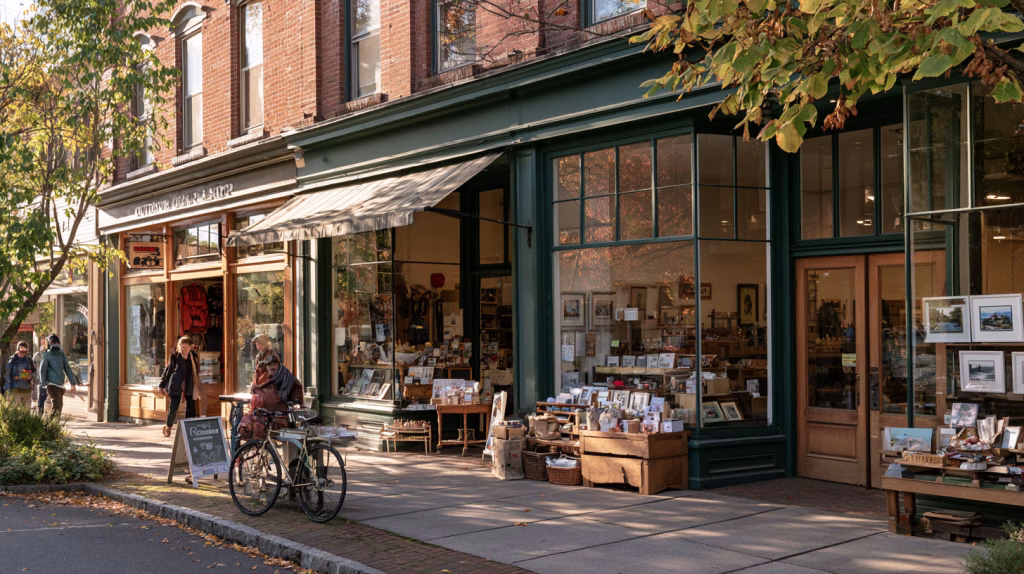 Active small town Main Street with outdoor gear shop, bakery, bookstore, makerspace and art gallery storefronts — mixed use commercial land use small town