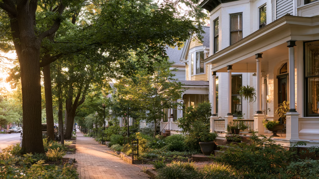 Historic American neighborhood with Victorian painted lady homes and brick sidewalks — historic residential land use comprehensive plan