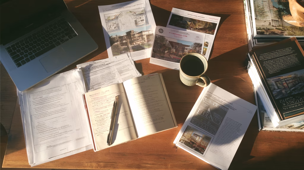 Zoning ordinance documents and form-based code examples on a wooden desk — zoning reform rural planning resources