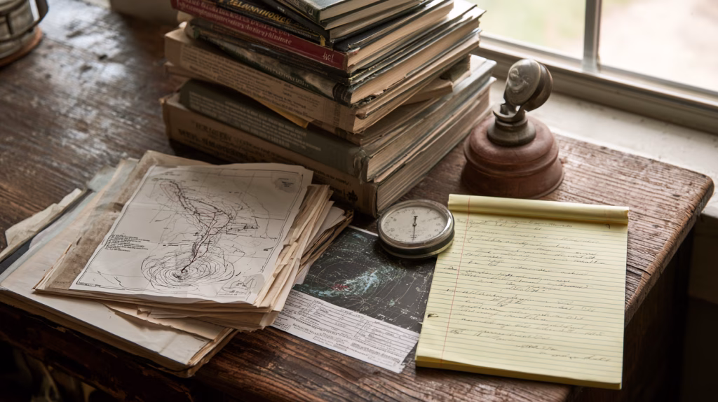 planning and meteorology reference books with hazard maps on desk — further reading natural hazards comprehensive plan