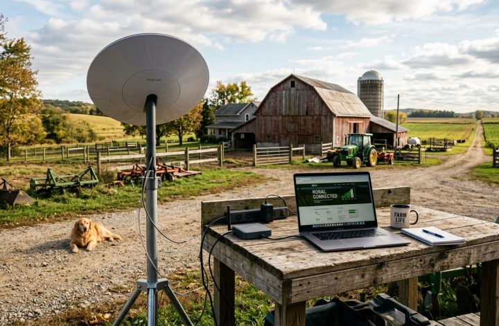 Image of rural internet satellite serving a laptop.