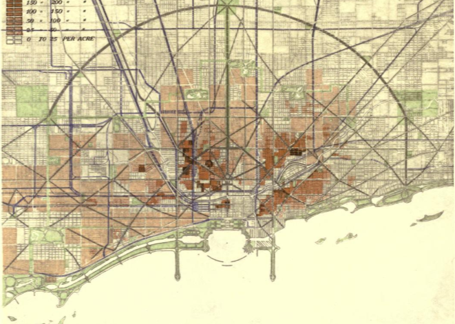Diagram of General Scheme of Street Circulation and Parks in Relation to the Population. Burnham's Plan of Chicago, 1909
