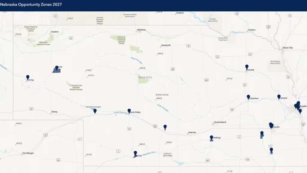Nebraska Opportunity Zones map of census tracts nominated of OZ 2.0.