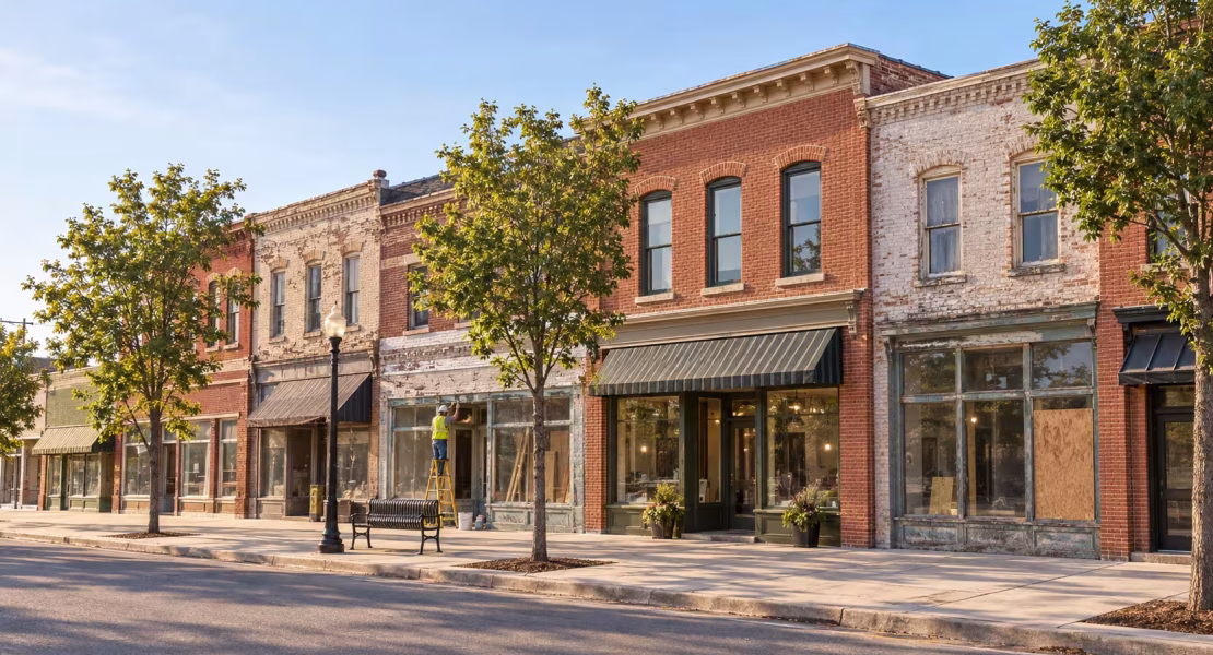 Historic red brick commercial Main Street with mix of building being rehabilitated and restored, typical of a successful Opportunity Zone.