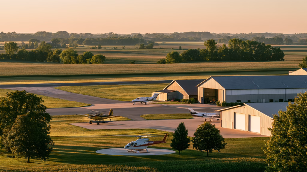 A crop-dusting plane, a medical helicopter, a business jet, and a training aircraft at a rural airfield.