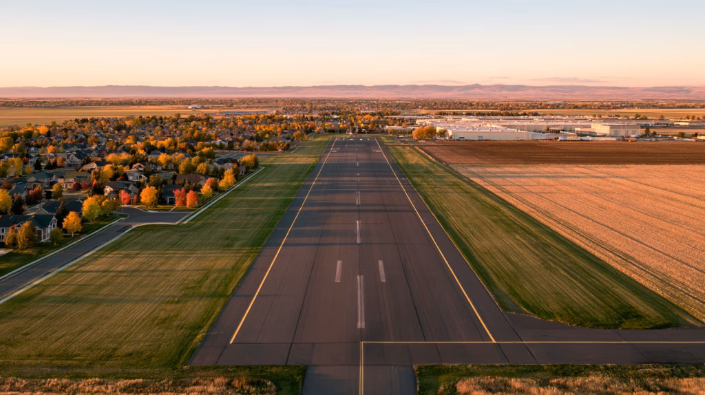 Aerial view of a regional airport where new housing developments are spreading toward the end of the runway.