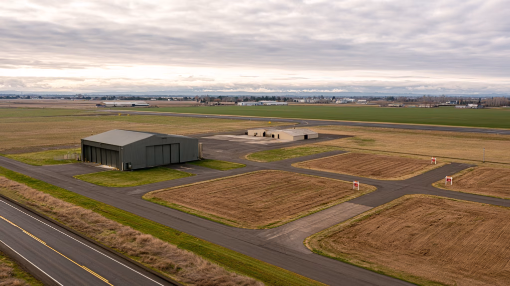 A partly empty business park next to a small airport, with one hangar connected to the runway and several vacant lots.