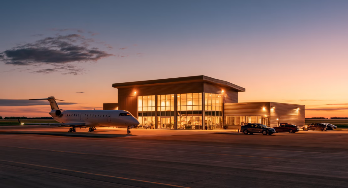 A small rural airport terminal at dusk, with a regional jet parked on the apron and farmland beyond the runway.