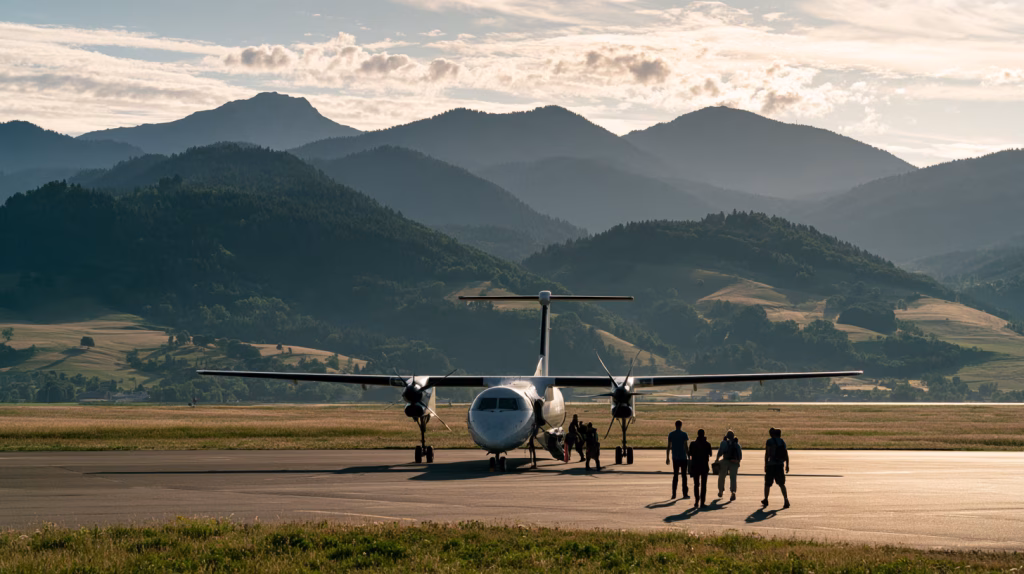 Passengers walk across the apron to board a small turboprop at a regional airport in rural France.