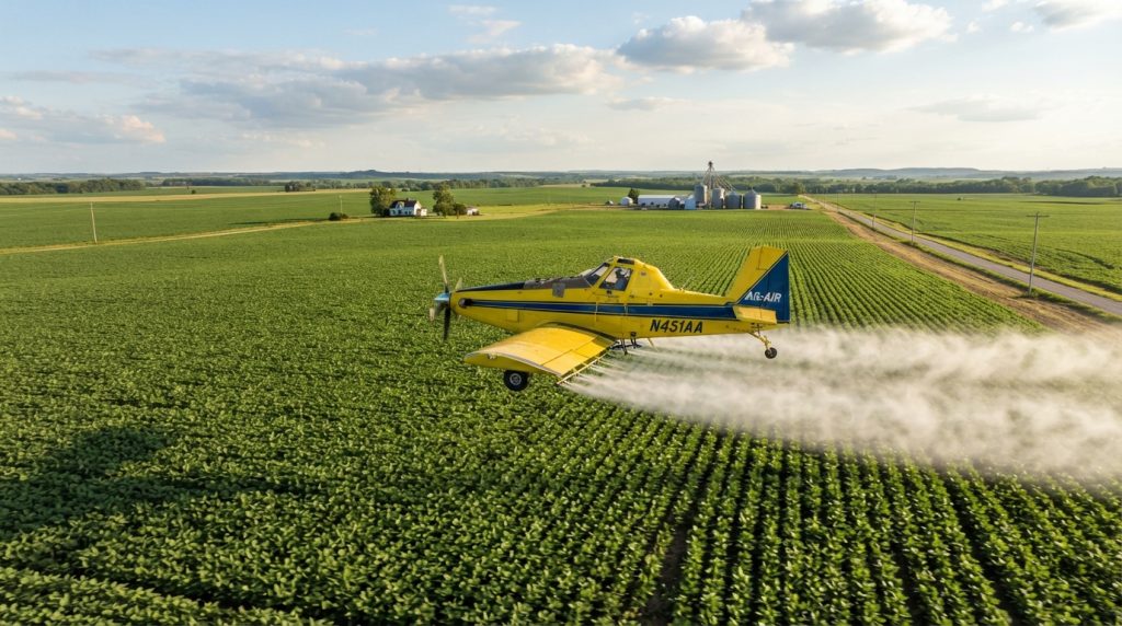 Image of crop duster over farm fields.