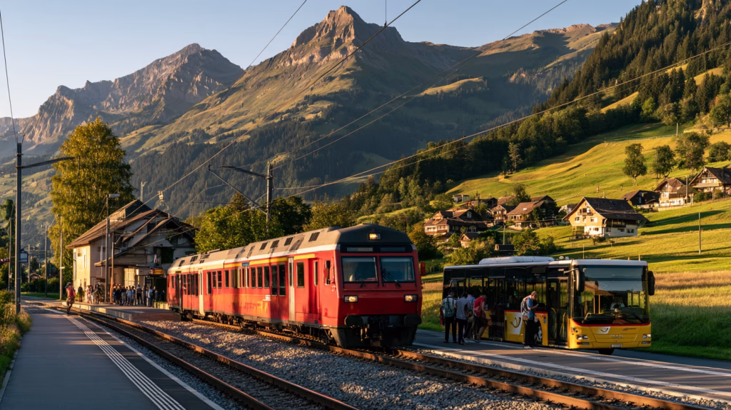 Passengers transfer between a regional train and a bus at a small Swiss village station. Rail and the rural comprehensive plan