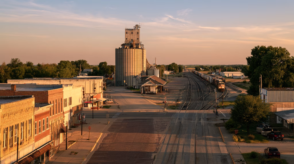 A long freight train passes a grain elevator and an old brick depot in a small Midwestern town. Rail and the comprehensive plan