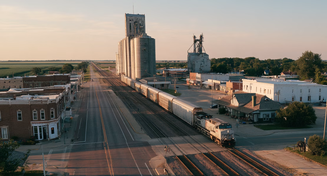 A long freight train passes a grain elevator and an old brick depot in a small Midwestern town. Rail and the comprehensive plan