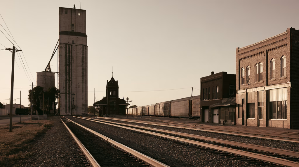 A long freight train passes a grain elevator and an old brick depot in a small Midwestern town. Rail and the Rural Comprehensive Plan.